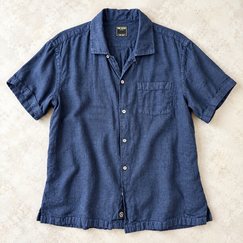 Todd Snyder 100% Linen Camp Collar Shirt Men L Navy Blue Short Sleeve Resortwear